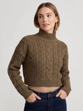 Twik Simons Cable Knit Mock Neck Crop Boxy Sweater Olive Green M Granola Girl